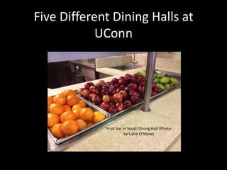 Five Different Dining Halls at
            UConn




             Fruit bar in South Dining Hall (Photo
                        by Catie O’Mara)
 