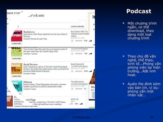 Podcast  Một chương trình ngắn, có thể download, theo dạng một loạt chương trình Theo chủ đề văn nghệ, thể thao, kinh tế...Phỏng vấn phóng viên tại hiện trường...Rất linh hoạt. Audio file đính kèm vào bản tin, ví dụ: phỏng vấn một nhân vật… 