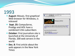 1993
 August: Mosaic, first graphical
  Web browser for Windows, is
  released
 Sept. 25: CompuServe,
  Prodigy and AOL have a
  combined 3.9m subscribers
 October: First journalism site is
  launched at the University of
  Florida. 200 web servers in the
  world
 Dec. 8: First article about the
  web appears in the New York
  Times
 