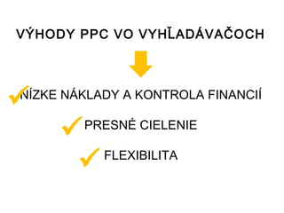 VÝHODY PPC VO VYHĽADÁVAČOCH





NÍZKE NÁKLADY A KONTROLA FINANCIÍ

        PRESNÉ CIELENIE
    
        FLEXIBILITA
      
 