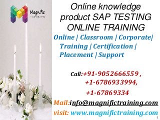 Online knowledge
product SAP TESTING
ONLINE TRAINING
Online | Classroom | Corporate|
Training | Certification |
Placement | Support
Call:+91-9052666559 ,

+1-6786933994,
+1-67869334
Mail:info@magnifictraining.com
visit: www.magnifictraining.com
1

 