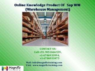 Online Knowledge Product OfOnline Knowledge Product Of Sap WMSap WM
(Warehouse Management)(Warehouse Management)
Mail: info@magnifictraining.com
Visit: www.magnifictraining.com
CONTACT US:
Call:+91-9052666559 ,
+1-6786933994,
+1-6786933475
 