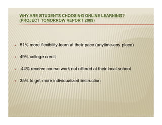 į   51% more flexibility-learn at their pace (anytime-any place)

į   49% college credit

į   44% receive course work not offered at their local school

į   35% to get more individualized instruction
 
