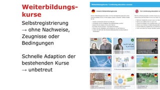 Weiterbildungs-
kurse
Selbstregistrierung
→ ohne Nachweise,
Zeugnisse oder
Bedingungen
Schnelle Adaption der
bestehenden Kurse
→ unbetreut
 