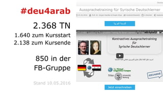 #deu4arab
2.368 TN
1.640 zum Kursstart
2.138 zum Kursende
850 in der
FB-Gruppe
Stand 10.05.2016
 
