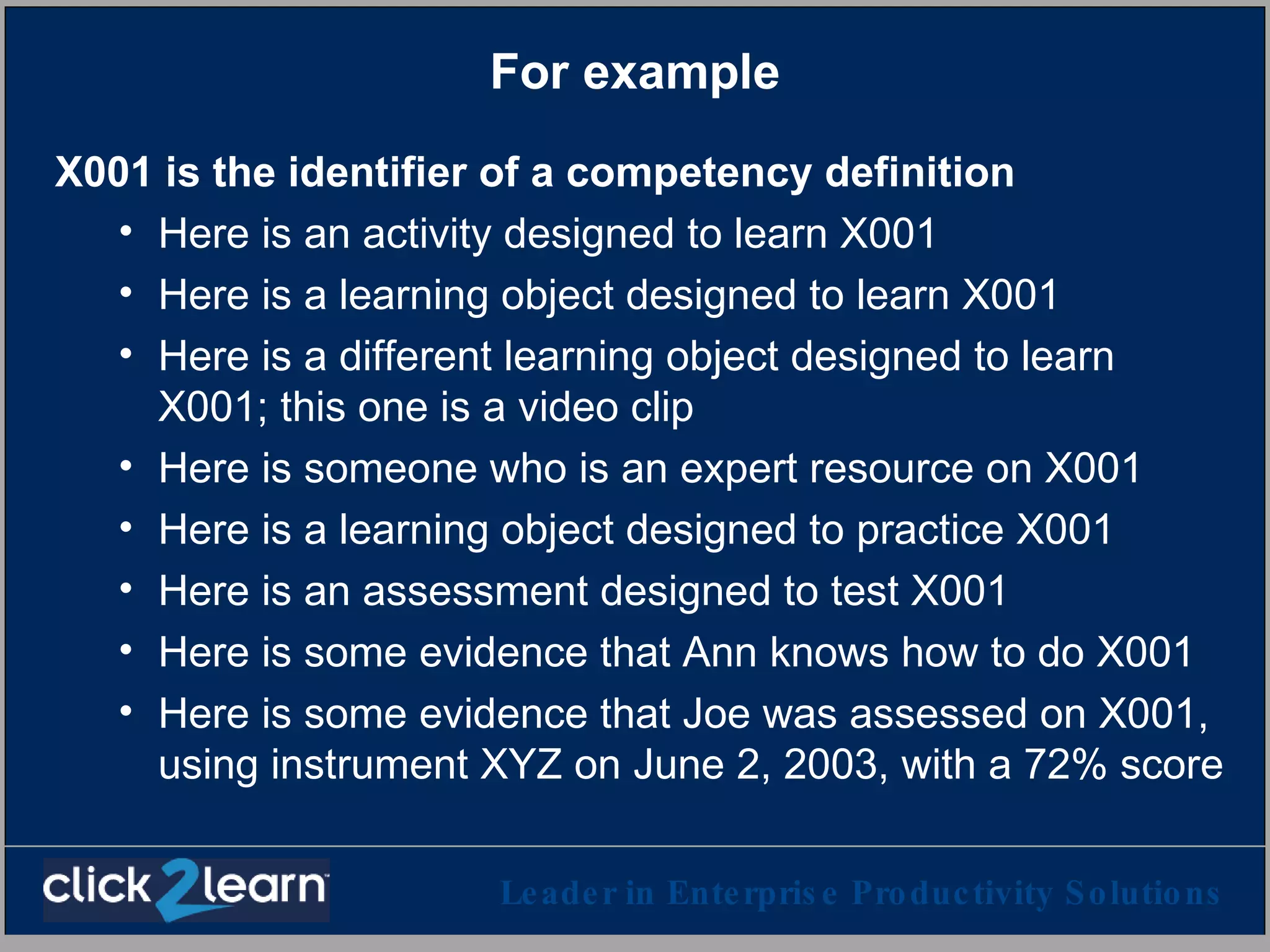 For example X001 is the identifier of a competency definition Here is an activity designed to learn X001 Here is a learning object designed to learn X001 Here is a different learning object designed to learn X001; this one is a video clip Here is someone who is an expert resource on X001 Here is a learning object designed to practice X001 Here is an assessment designed to test X001 Here is some evidence that Ann knows how to do X001 Here is some evidence that Joe was assessed on X001, using instrument XYZ on June 2, 2003, with a 72% score 