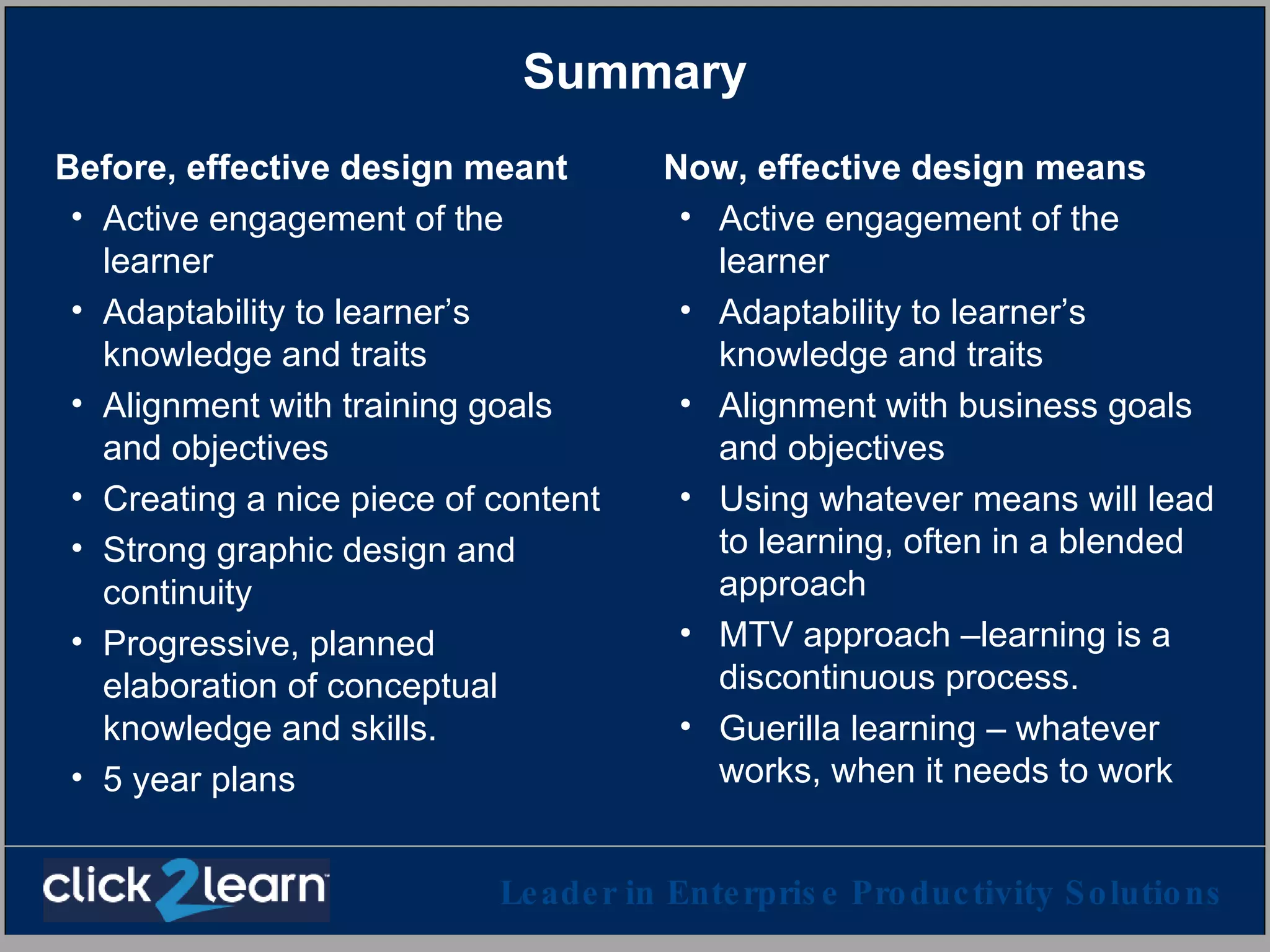 Summary Before, effective design meant Active engagement of the learner Adaptability to learner’s knowledge and traits Alignment with training goals and objectives Creating a nice piece of content Strong graphic design and continuity Progressive, planned elaboration of conceptual knowledge and skills. 5 year plans Now, effective design means Active engagement of the learner Adaptability to learner’s knowledge and traits Alignment with business goals and objectives Using whatever means will lead to learning, often in a blended approach MTV approach –learning is a discontinuous process. Guerilla learning – whatever works, when it needs to work 