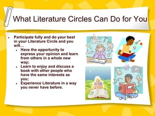 What Literature Circles Can Do for You
● Participate fully and do your best
in your Literature Circle and you
will…
● Have the opportunity to
express your opinion and learn
from others in a whole new
way;
● Learn to enjoy and discuss a
book with other people who
have the same interests as
you;
● Experience Literature in a way
you never have before.
 
