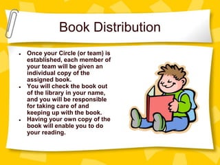 Book Distribution
● Once your Circle (or team) is
established, each member of
your team will be given an
individual copy of the
assigned book.
● You will check the book out
of the library in your name,
and you will be responsible
for taking care of and
keeping up with the book.
● Having your own copy of the
book will enable you to do
your reading.
 
