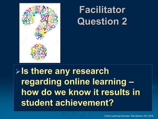 Online Learning Overview. Rob Darrow. Oct. 2016.
Facilitator
Question 2
Is there any research
regarding online learning –
how do we know it results in
student achievement?
 