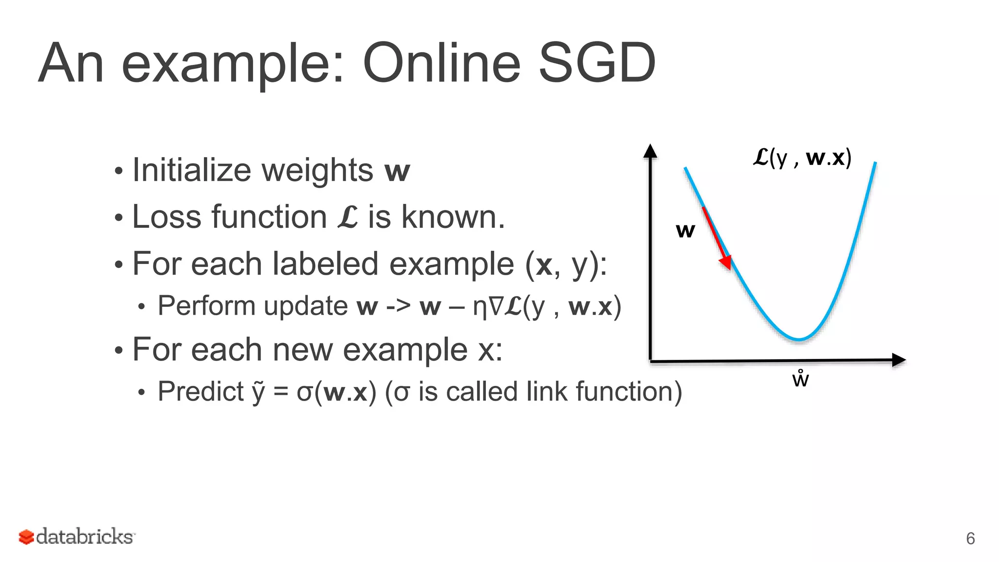 An example: Online SGD
• Initialize weights 𝘄
• Loss function 𝓛 is known.
• For each labeled example (𝘅, y):
• Perform update 𝘄 -> 𝘄 – η∇𝓛(y , 𝘄.𝘅)
• For each new example x:
• Predict ỹ = σ(𝘄.𝘅) (σ is called link function)
6
𝓛(y , 𝘄.𝘅)
𝘄
ẘ
 