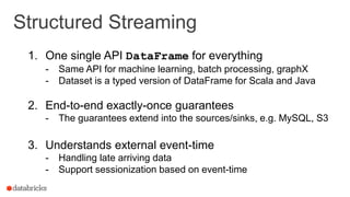 1. One single API DataFrame for everything
- Same API for machine learning, batch processing, graphX
- Dataset is a typed version of DataFrame for Scala and Java
2. End-to-end exactly-once guarantees
- The guarantees extend into the sources/sinks, e.g. MySQL, S3
3. Understands external event-time
- Handling late arriving data
- Support sessionization based on event-time
Structured Streaming
 