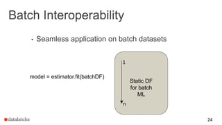 Batch Interoperability
• Seamless application on batch datasets
24
Static DF
for batch
ML
model = estimator.fit(batchDF)
1
n
 