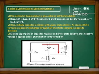 Class:- EE3I
Date:-
28/09/2020
This method of Commutation is also called as Self Commutation
 Here, SCR is turned off by Resonating L and C component, but they do not carry
load current.
 Here, initially capacitor C charges with upper plate positive, As soon as SCR is
turned on capacitor discharges through SCR and starts charging in opposite
direction
 Making upper plate of capacitor negative and lower plate positive, thus negative
voltage is applied across SCR which in turns turns it off
2. Class B Commutation ( Self Commutation )
 