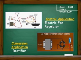 Class:- EE3I
Date:-
07/09/2020
Control Application
Electric Fan
Regulator
Conversion
Application
Rectifier
 