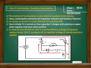Class:- EE3I
Date:-
28/09/2020
 This method of Commutation is also called as Auxiliary Commutation.
 Here, commutation elements are Capacitor, Inductor and Auxiliary Thyristor.
 As shown in circuit T1 is main SCR and T2 is auxiliary SCR.
 Here initially T1 is turned on thus capacitor C charges with polarity as upper
plate negative and lower plate positive.
 In order to turn off SCR T1, SCR T2 is turned ON thus voltage of Capacitor.
appears across SCR T1 turning it off, as capacitor voltage of reveres polarity is
applied.
4. Class D Commutation (Auxiliary Commutation )
-
+
 