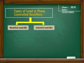 Class:- EE3I
Date:-
13/01/2021
Types of Load in Phase
Controlled Rectifiers:-
Resistive Load (R) Inductive Load (RL)
 