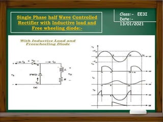 Class:- EE3I
Date:-
13/01/2021
Single Phase half Wave Controlled
Rectifier with Inductive load and
Free wheeling diode:-
 