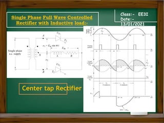 Class:- EE3I
Date:-
13/01/2021
Single Phase Full Wave Controlled
Rectifier with Inductive load:-
Center tap Rectifier
 