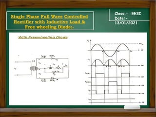 Class:- EE3I
Date:-
13/01/2021
Single Phase Full Wave Controlled
Rectifier with Inductive Load &
Free wheeling Diode:-
 