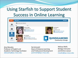 Using Starfish to Support Student
Success in Online Learning
Amy Beaudry
Professor of English and
Academic Technology Facilitator
abeaudry@qcc.mass.edu
Pat Schmohl
Dean of Distance Learning
and Professional Development
pschmohl@qcc.mass.edu
Melissa Walls
Biology Instructor
and Online Liaison
mwalls@qcc.mass.edu
 