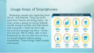 Usage Areas of Smartphones
Nowadays people are organizing their
life on the Internet. They can learn
what their friends are doing today. So
they create a group on social network,
decide doing a activity and then share
with everyone. I think we don’t talk
face-to-face enough anymore. I know
you will say “We’ve video calls or live
broadcast so we can talk face-to-face
on social network without going
somewhere. These things make people
anti-social.
 