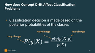 How does Concept Drift Aﬀect Classification
Problems
17
• Classification decision is made based on the
posterior probabilities of the classes
may changemay change
may change
 