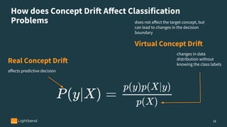 How does Concept Drift Aﬀect Classification
Problems
18
aﬀects predictive decision
changes in data
distribution without
knowing the class labels
Real Concept Drift
Virtual Concept Drift
does not aﬀect the target concept, but
can lead to changes in the decision
boundary
 