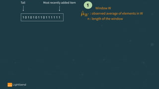 1 0 1 0 1 0 1 1 0 1 1 1 1 1 1
Window W
: observed average of elements in W
Tail Most recently added item
n : length of the window
1
 