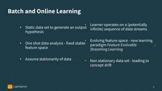 Batch and Online Learning
• Static data set to generate an output
hypothesis
• One shot data analysis - fixed stable
feature space
• Assume stationarity of data
5
• Learner operates on a (potentially
infinite) sequence of data streams
• Evolving feature space - new learning
paradigm Feature Evolvable
Streaming Learning
• Non stationary data set - leading to
concept drift
 