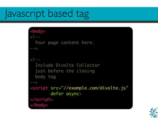Javascript based tag
<body>
<!--
Your page content here.
-->
<!--
Include Divolte Collector
just before the closing
body tag
-->
<script src="//example.com/divolte.js"
defer async>
</script>
</body>
 