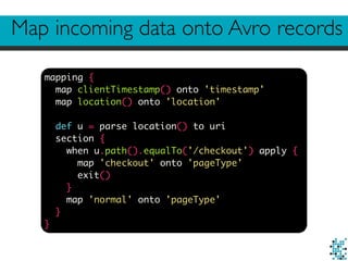 Map incoming data onto Avro records
mapping {
map clientTimestamp() onto 'timestamp'
map location() onto 'location'
def u = parse location() to uri
section {
when u.path().equalTo('/checkout') apply {
map 'checkout' onto 'pageType'
exit()
}
map 'normal' onto 'pageType'
}
}
 