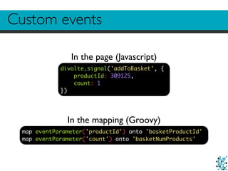 Custom events
divolte.signal('addToBasket', {
productId: 309125,
count: 1
})
In the page (Javascript)
map eventParameter('productId') onto 'basketProductId'
map eventParameter('count') onto 'basketNumProducts'
In the mapping (Groovy)
 