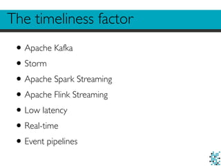 The timeliness factor
•Apache Kafka
•Storm
•Apache Spark Streaming
•Apache Flink Streaming
•Low latency
•Real-time
•Event pipelines
 