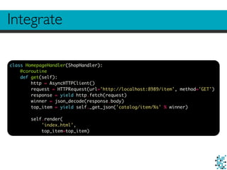 Integrate
class HomepageHandler(ShopHandler):
@coroutine
def get(self):
http = AsyncHTTPClient()
request = HTTPRequest(url='http://localhost:8989/item', method='GET')
response = yield http.fetch(request)
winner = json_decode(response.body)
top_item = yield self._get_json('catalog/item/%s' % winner)
self.render(
'index.html',
top_item=top_item)
 
