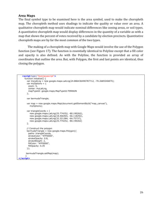 Area Maps
The	
   final	
   symbol	
   type	
   to	
   be	
   examined	
   here	
   is	
   the	
   area	
   symbol,	
   used	
   to	
   make	
   the	
   choropleth	
  
map.	
   The	
   choropleth	
   method	
   uses	
   shadings	
   to	
   indicate	
   the	
   quality	
   or	
   value	
   over	
   an	
   area.	
   A	
  
qualitative	
   choropleth	
   map	
   would	
   indicate	
   nominal	
   differences	
   like	
   zoning	
   areas,	
   or	
   soil	
   types.	
  
A	
  quantitative	
  choropleth	
  map	
  would	
  display	
  differences	
  in	
  the	
  quantity	
  of	
  a	
  variable	
  as	
  with	
  a	
  
map	
  that	
  shows	
  the	
  percent	
  of	
  votes	
  received	
  by	
  a	
  candidate	
  by	
  election	
  precincts.	
  Quantitative	
  
choropleth	
  maps	
  are	
  by	
  far	
  the	
  most	
  common	
  of	
  the	
  two	
  types.

	
        The	
  making	
  of	
  a	
  choropleth	
  map	
  with	
  Google	
  Maps	
  would	
  involve	
  the	
  use	
  of	
  the	
  Polygon	
  
function	
   (see	
   Figure	
   17).	
   The	
   function	
   is	
   essentially	
   identical	
   to	
   Polyline	
   except	
   that	
   a	
   fill	
   color	
  
and	
   opacity	
   is	
   also	
   defined.	
   As	
   with	
   the	
   Polyline,	
   the	
   function	
   is	
   provided	
   an	
   array	
   of	
  
coordinates	
   that	
   outline	
   the	
   area.	
   But,	
   with	
   Polygon,	
   the	
   first	
   and	
   last	
   points	
   are	
   identical,	
   thus	
  
closing	
  the	
  polygon.	
  	
  



       <script type="text/javascript">
         function initialize() {
           var myLatLng = new google.maps.LatLng(24.886436490787712, -70.2685546875);
           var myOptions = {
            zoom: 5,
            center: myLatLng,
            mapTypeId: google.maps.MapTypeId.TERRAIN
           };

          var bermudaTriangle;

          var map = new google.maps.Map(document.getElementById("map_canvas"),
             myOptions);

          var triangleCoords = [
             new google.maps.LatLng(25.774252,                    -80.190262),
             new google.maps.LatLng(18.466465,                    -66.118292),
             new google.maps.LatLng(32.321384,                    -64.75737),
             new google.maps.LatLng(25.774252,                    -80.190262)
          ];

          // Construct the polygon
          bermudaTriangle = new google.maps.Polygon({
            paths: triangleCoords,
            strokeColor: "#FF0000",
            strokeOpacity: 0.8,
            strokeWeight: 2,
            fillColor: "#FF0000",
            fillOpacity: 0.35
          });

      bermudaTriangle.setMap(map);
     }
</script>	
  




	
                                                                                                                                                            26	
  
 