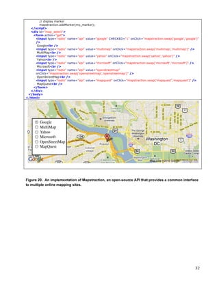 // display marker
       mapstraction.addMarker(my_marker);
  </script>
  <div id="map_select">
    <form action="get">
     <input type="radio" name="api" value="google" CHECKED="1" onClick="mapstraction.swap('google','google')"
     />
      Google<br />
     <input type="radio" name="api" value="multimap" onClick="mapstraction.swap('multimap','multimap')" />
      MultiMap<br />
     <input type="radio" name="api" value="yahoo" onClick="mapstraction.swap('yahoo','yahoo')" />
      Yahoo<br />
     <input type="radio" name="api" value="microsoft" onClick="mapstraction.swap('microsoft','microsoft')" />
      Microsoft<br />
     <input type="radio" name="api" value="openstreetmap"
     onClick="mapstraction.swap('openstreetmap','openstreetmap')" />
      OpenStreetMap<br />
     <input type="radio" name="api" value="mapquest" onClick="mapstraction.swap('mapquest','mapquest')" />
      MapQuest<br />
    </form>
  </div>
 </body>
</html>




Figure 20. An implementation of Mapstraction, an open-source API that provides a common interface
to multiple online mapping sites.

	
  




	
                                                                                                        32	
  
 