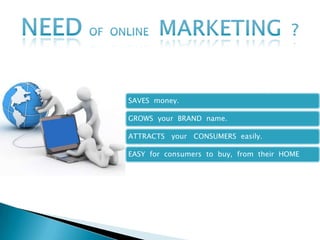 SAVES money.
GROWS your BRAND name.
ATTRACTS your CONSUMERS easily.
EASY for consumers to buy, from their HOME
 