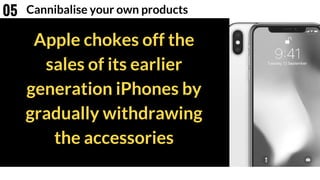 Apple chokes off the
sales of its earlier
generation iPhones by
gradually withdrawing
the accessories
Cannibalise your own products05
 
