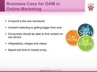 Copyright © 2014 Avaali. All Rights Reserved.2
Business Case for DAM in
Online Marketing
 In-bound is the new out-bound
 Content marketing is getting bigger than ever
 Consumers should be able to find content on
any device
 Infographics, images and videos
 Speed and time to market is key
 