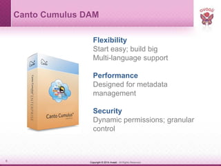 Copyright © 2014 Avaali. All Rights Reserved.6
Canto Cumulus DAM
Flexibility
Start easy; build big
Multi-language support
Performance
Designed for metadata
management
Security
Dynamic permissions; granular
control
 