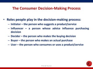 The Consumer Decision-Making Process
• Roles people play in the decision-making process:
– Initiator – the person who suggests a product/service
– Influencer – a person whose advice influence purchasing
decision
– Decider – the person who makes the buying decision
– Buyer – the person who makes an actual purchase
– User – the person who consumes or uses a product/service
R'tist @ Tourism
 