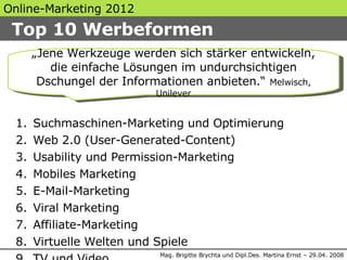 <ul><li>Suchmaschinen-Marketing und Optimierung </li></ul><ul><li>Web 2.0 (User-Generated-Content) </li></ul><ul><li>Usabi...