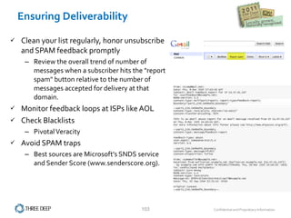 Ensuring Deliverability Clean your list regularly, honor unsubscribe and SPAM feedback promptly Review the overall trend of number of messages when a subscriber hits the "report spam" button relative to the number of messages accepted for delivery at that domain. Monitor feedback loops at ISPs like AOL Check Blacklists Pivotal Veracity Avoid SPAM traps Best sources are Microsoft's SNDS service and Sender Score (www.senderscore.org). 