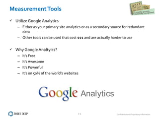 Measurement Tools Utilize Google Analytics Either as your primary site analytics or as a secondary source for redundant data  Other tools can be used that cost $$$ and are actually harder to use Why Google Analtyics? It’s Free It’s Awesome It’s Powerful It’s on 50% of the world’s websites 