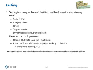 Testing Testing is so easy with email that it should be done with almost every email.  Subject lines Images/content Offers Segmentation Dynamic content vs. Static content Measure thru multiple tools Open & Click data from the email server Response & visit data thru campaign tracking on the site Using those tracking URLs www.mysite.com?utm_source=testlist&utm_medium=email&&utm_content=versionA&utm_campaign=Acquisition 