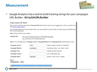 Measurement Google Analytics has a tool to build tracking strings for your campaigns  URL Builder:  bit.ly/GAURLBuilder 