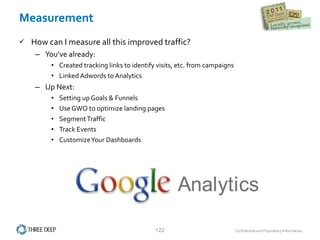 Measurement How can I measure all this improved traffic?  You’ve already: Created tracking links to identify visits, etc. from campaigns Linked Adwords to Analytics Up Next: Setting up Goals & Funnels Use GWO to optimize landing pages Segment Traffic Track Events Customize Your Dashboards 