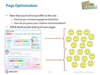 Page Optimization Now that you’re driving traffic to the site: How do you increase engagement/activity?  How do you prove your creative recommendation? A/B & Multivariate testing of your pages 