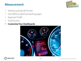 Measurement Setting up Goals & Funnels Use GWO to optimize landing pages Segment Traffic Track Events Customize Your Dashboards 